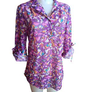 Medium Vintage Sheer Top Blouse Purple Floral 1970's Roll-Up Sleeves Abstract